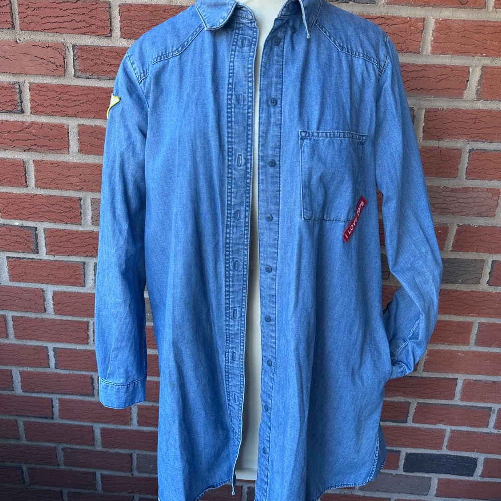 Zara Basic Z1975 Denim Long Denim Shirt with Sayings on Patches
